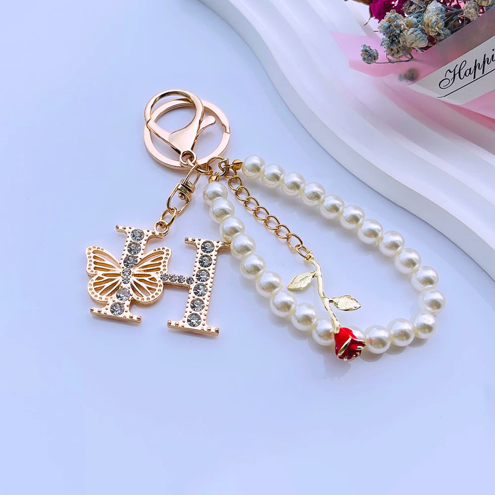 Exquisite Initial A-Z 26 Butterfly Capital Letters Red Rose Keyring Crystal Resin Pearl Beaded Keychain Bag Pendant Women Gift