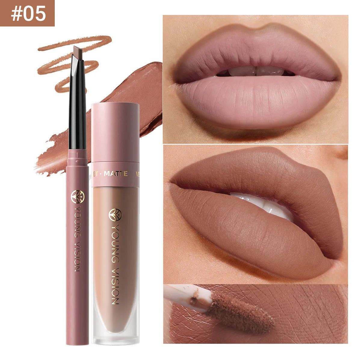 2Pcs Lip Gloss and Lip Liner Set, Matte Finish Non-Stick Cup Long-Lasting Lip Color and Liner Combo, Perfect for Defined Lips