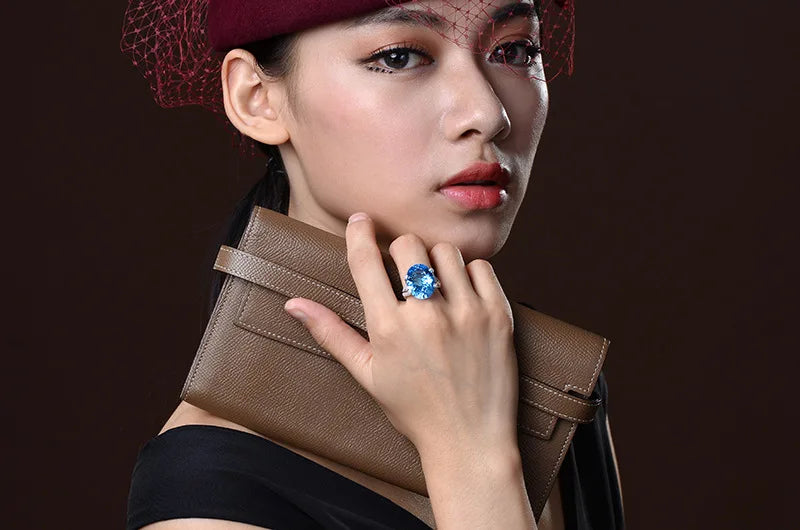2023 New Fashion 925 Silver Luxury Quality Blue Topaz Band Ring for Women Upscale Anniversary White Gold Plated Finger Jewelry