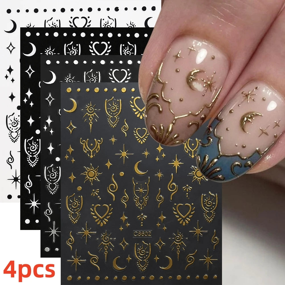 7pcs/Set Bronzing Gold/Silver Nail Art Sticker Sun Stars Moon Design Nail Decals 8*10CM Laser Bohemia Self-Adhesive Slider NLS