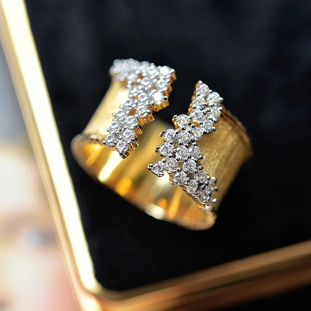 2026 New Fashion Women's Finger Ring with CZ Stone Wiredrawing Effect Gold Color Wide Rings Luxury Female Jewelry Party