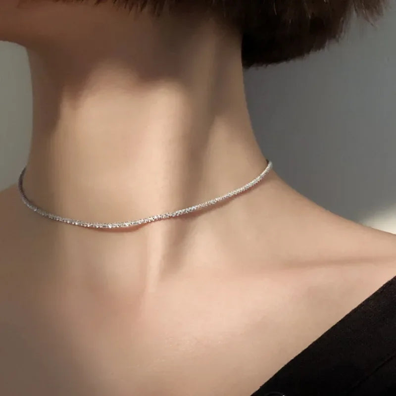 S925 Sterling Silver Necklace 2mm Sparkling Collarbone, Sweater Chain, High Charm Jewelry Gift Women