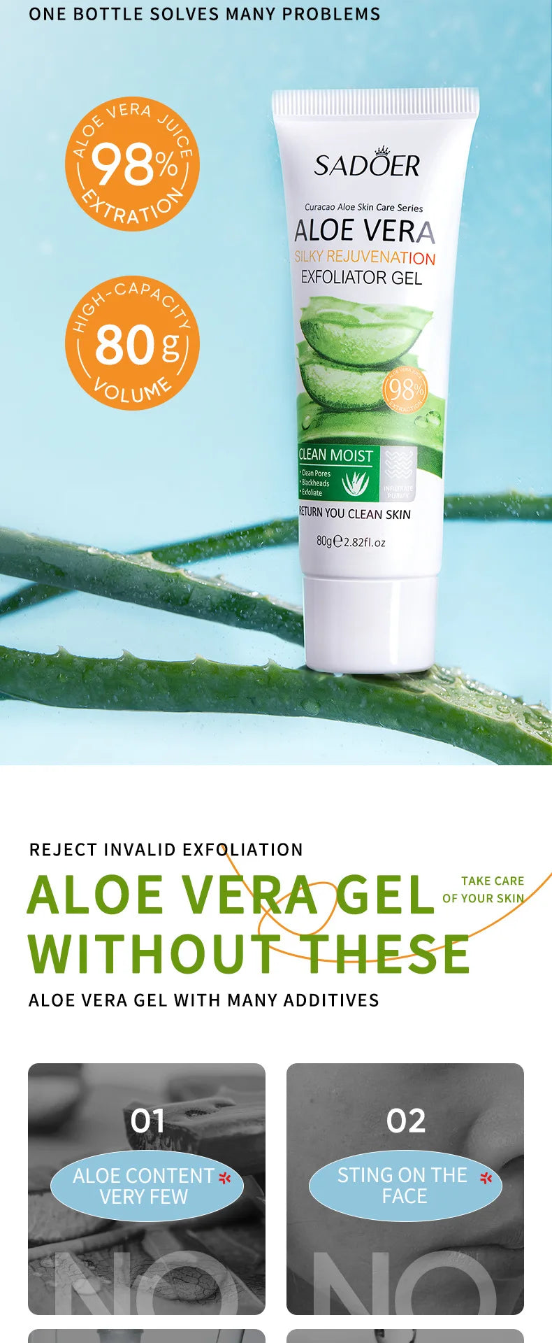 SADOER Exfoliating Aloe Vera Gel Facial Cleanser Deep Cleansing Exfoliant Gentle Moisturizing Face Exfoliation Facial Exfoliator