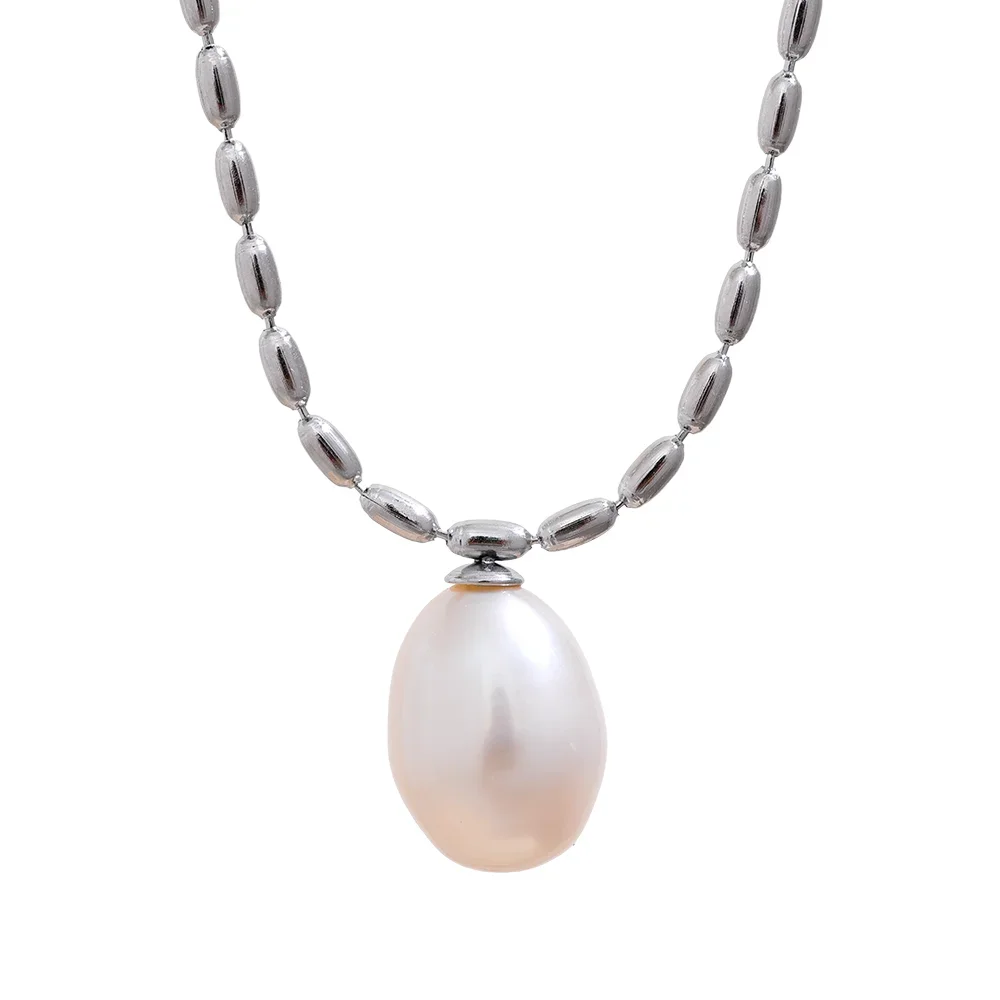 Yhpup Luxury Natural Freshwater Pearl Pendant Stainless Steel Sweet Necklace Women Stylish Exquisite Jewelry Mother Sister Gift