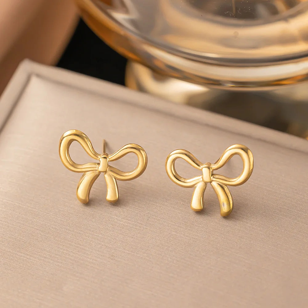 Simple Korean Stainless Steel Bowknot Necklace For Women Girls Delicate Bracelets Charm Choker Earrings Fashion Jewelry Set Gift