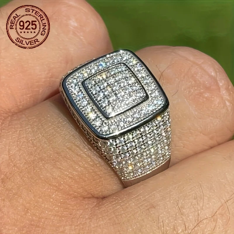 925 Sterling Silver Hip Hop Iced Out Ring for Men Cubic Zirconia Pave Statement Wedding Pinky Ring Luxury Jewelry