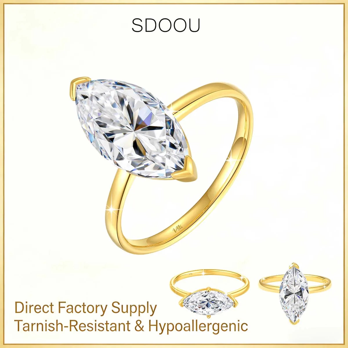 SDOOU 100% Real 14k Gold Engagement Ring Classic 2CT 3CT Marquise Moissanite Diamond Promise Ring Fine Jewelry Gift Ring for her