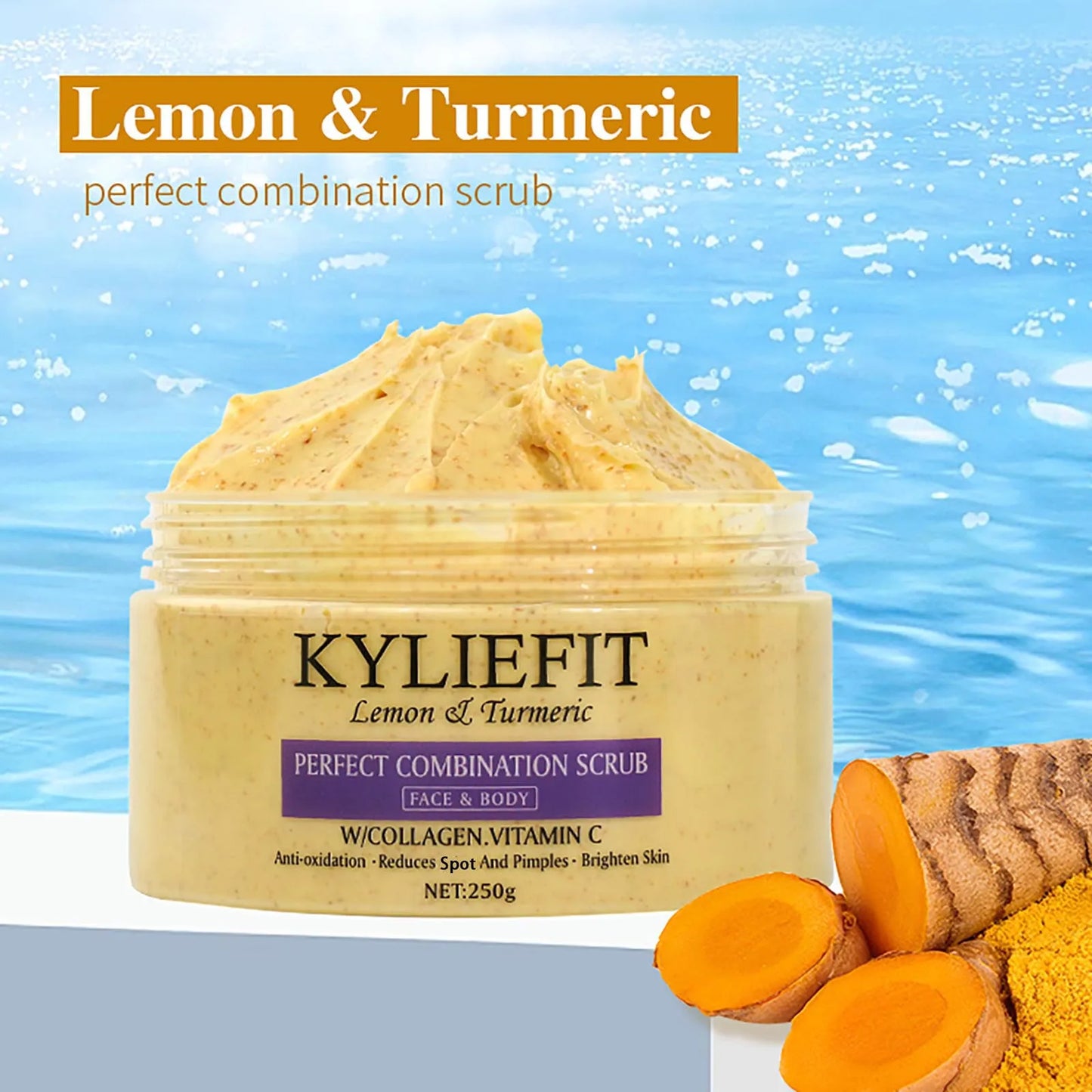 KYLIEFIT Natural Exfoliating Salt Body and Face Scrub, Lightening, Moisturizing, Remove Dark Spots, Acne, Stains, Wrinkles, 250g