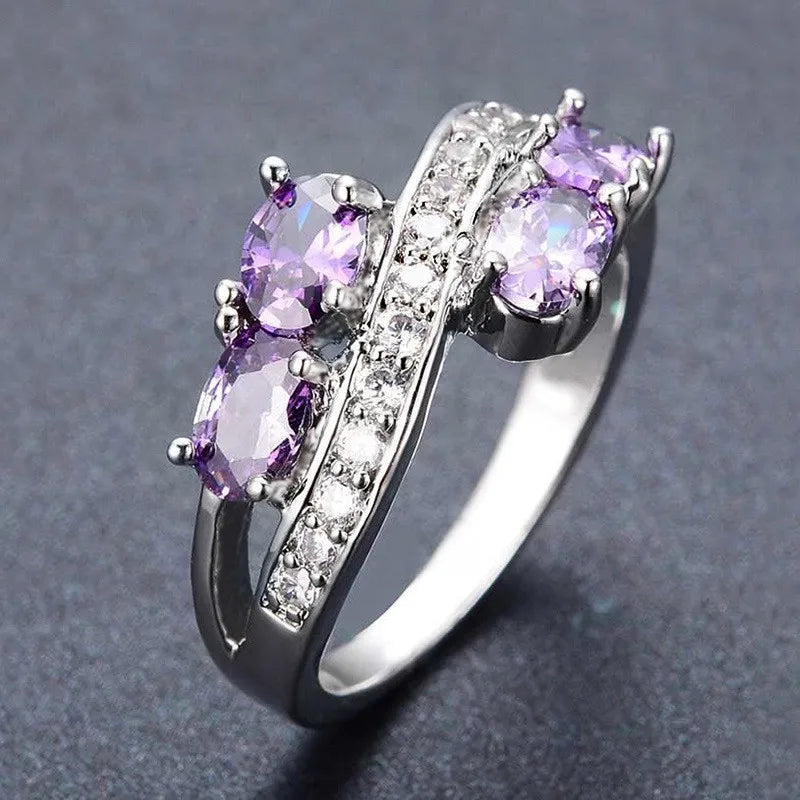 925 Sterling Silver Female Purple Round Zircon Stone Finger Engagement Ring Vintage Wedding Band Bridal Jewelry For Women