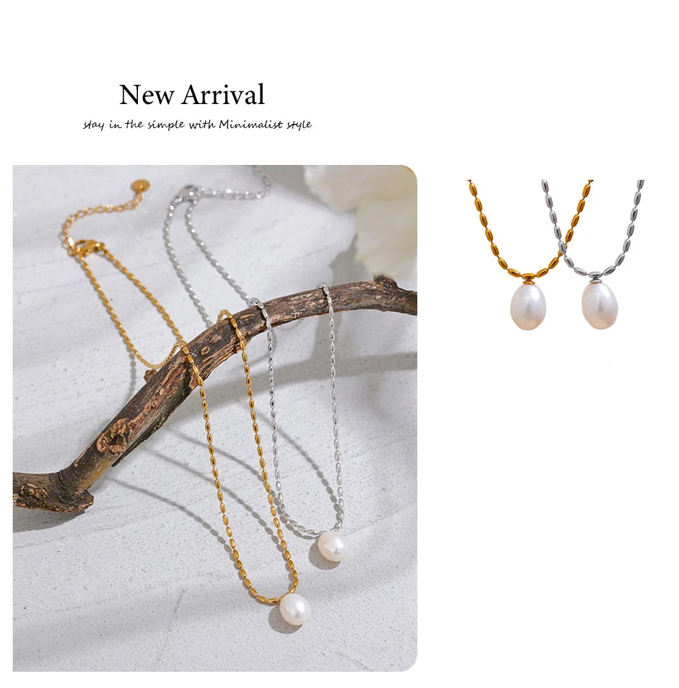 Yhpup Luxury Natural Freshwater Pearl Pendant Stainless Steel Sweet Necklace Women Stylish Exquisite Jewelry Mother Sister Gift