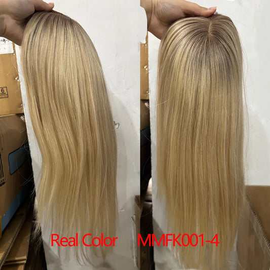 16 Inches Remy Human Hair Topper for Women Brown to Blonde Ombre Hair Topper 9x9 Inch Large Base Hair Pieces With Clips Silk Bas