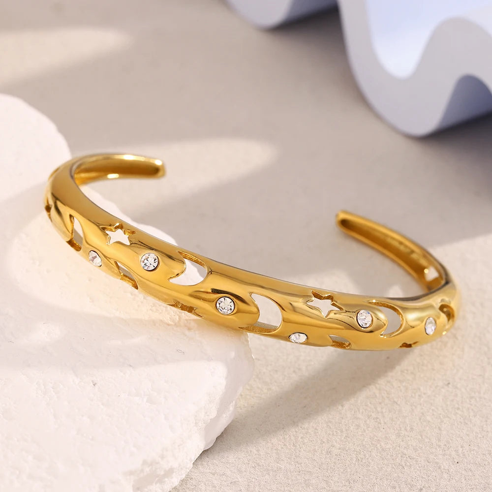 MamacitaSlay 316L Stainless Steel Star Moon Zircon Open Bracelet Party Waterproof 18K Gold Plated Jewelry Women's Charm Bracelet