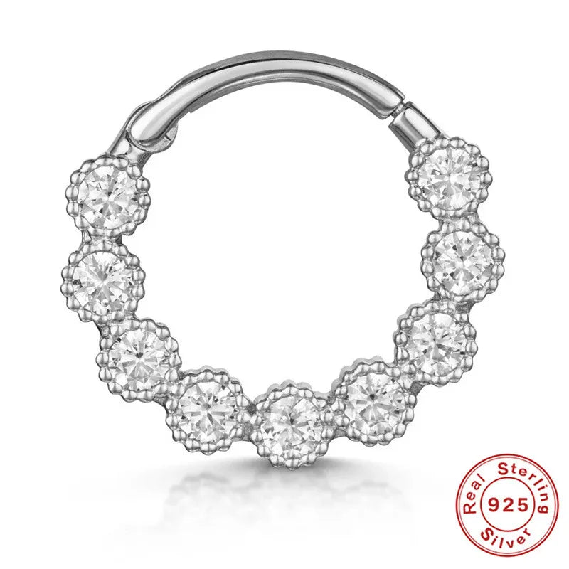 Glowshe 925 Sterling Silver Zircon Geometric Cartilage Piercing Hoop Earrings 1PCS Hip-hop Party Creative Jewelry Nose Rings