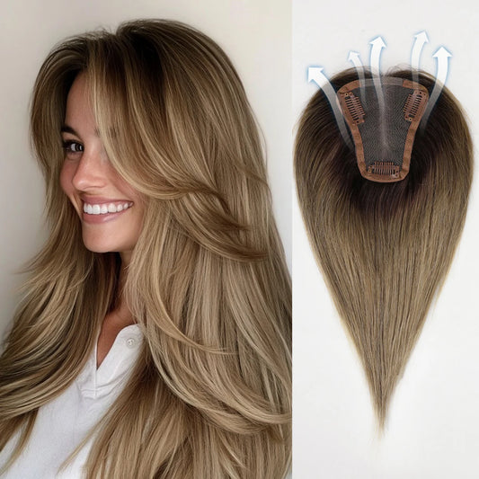 12 Inch Light Brown Ombre Middle Part Lace Front Topper 100% Remy Human Hair Topper Hair Pieces with Clips Extensions for Women