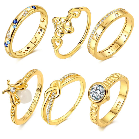 Original 925 Sterling Silver Sparkling Gold Plated Star Firefly Moon Ring For Women Girls Jewelry Birthday Anniversary Gifts