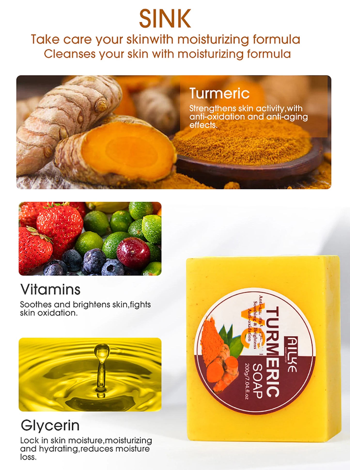 AILKE Natural Turmeric Soap Bar, Brighten, Remove Darkness, Acne, Pimples, Cleaning, Exfoliates, Uneven Skin Tone, 200g