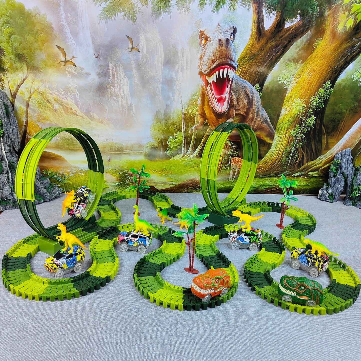 Magic Climbing Electric Dinosaur Car Track Railway Toy Car Set Bend Flexible Race Track Flash Light Car High Quality Toy For Kid
