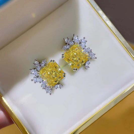 Huitan Sparkling Square Yellow Cubic Zirconia Stud Earrings for Women Wedding Party Luxury Trendy New Accessory Fashion Jewelry