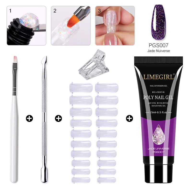 15ml Poly Nail Gel Complete Set for Nail Extension Glitter Solid Color Gel Polish Kit Quick Extension Gel Soak Nail Art DIY Nail