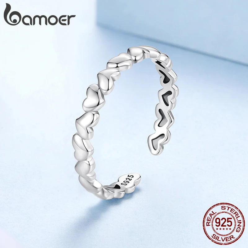 BAMOER Solid 925 Sterling Silver Heart Stackable Rings for Women, Love Valentines Statement Band Ring BSR655-E