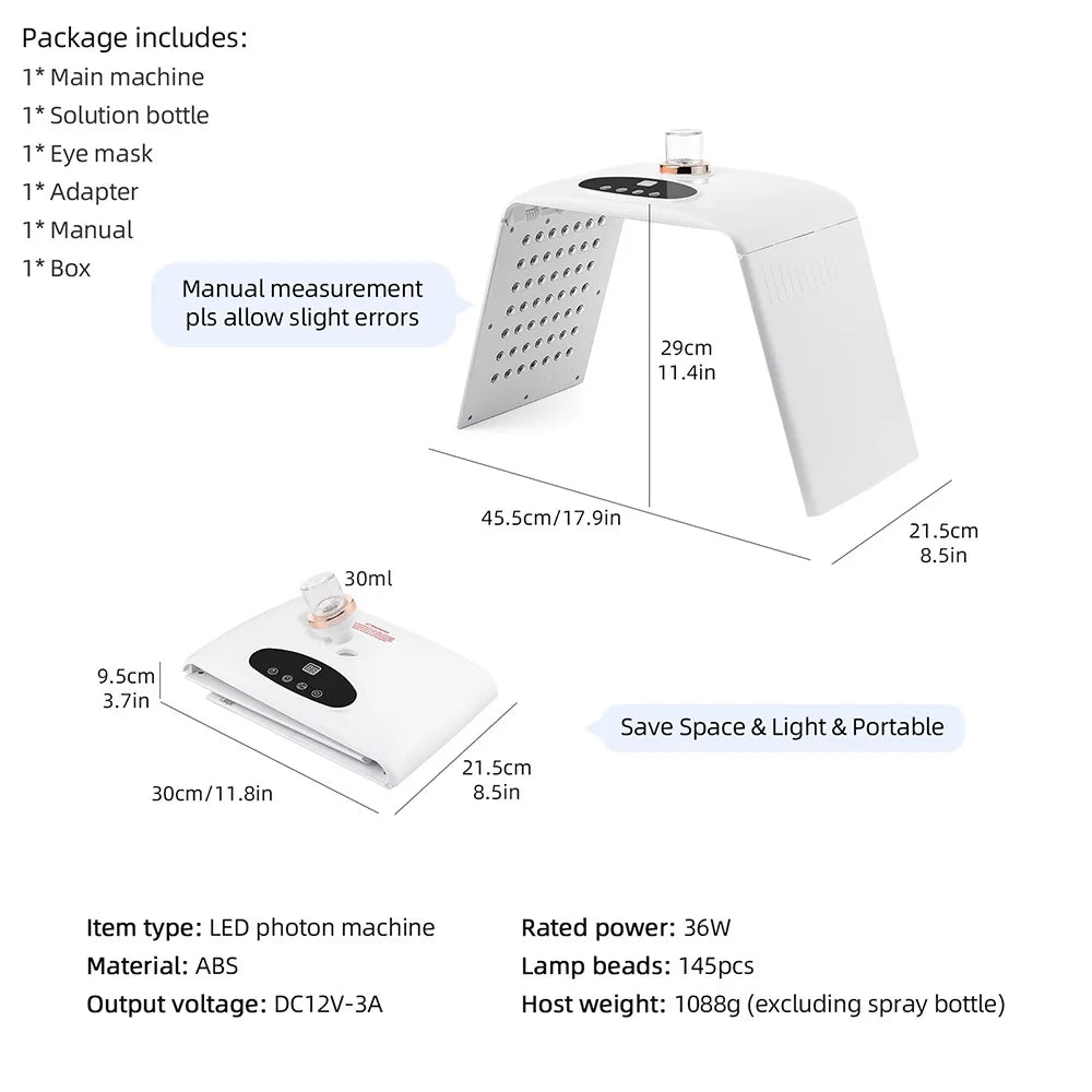 Foldable 7 Colors LED Photon Machine With 3 Levels Nano Spray Skin Moisturizing Face&Body Mask Beauty Salon Home Use Skin Care