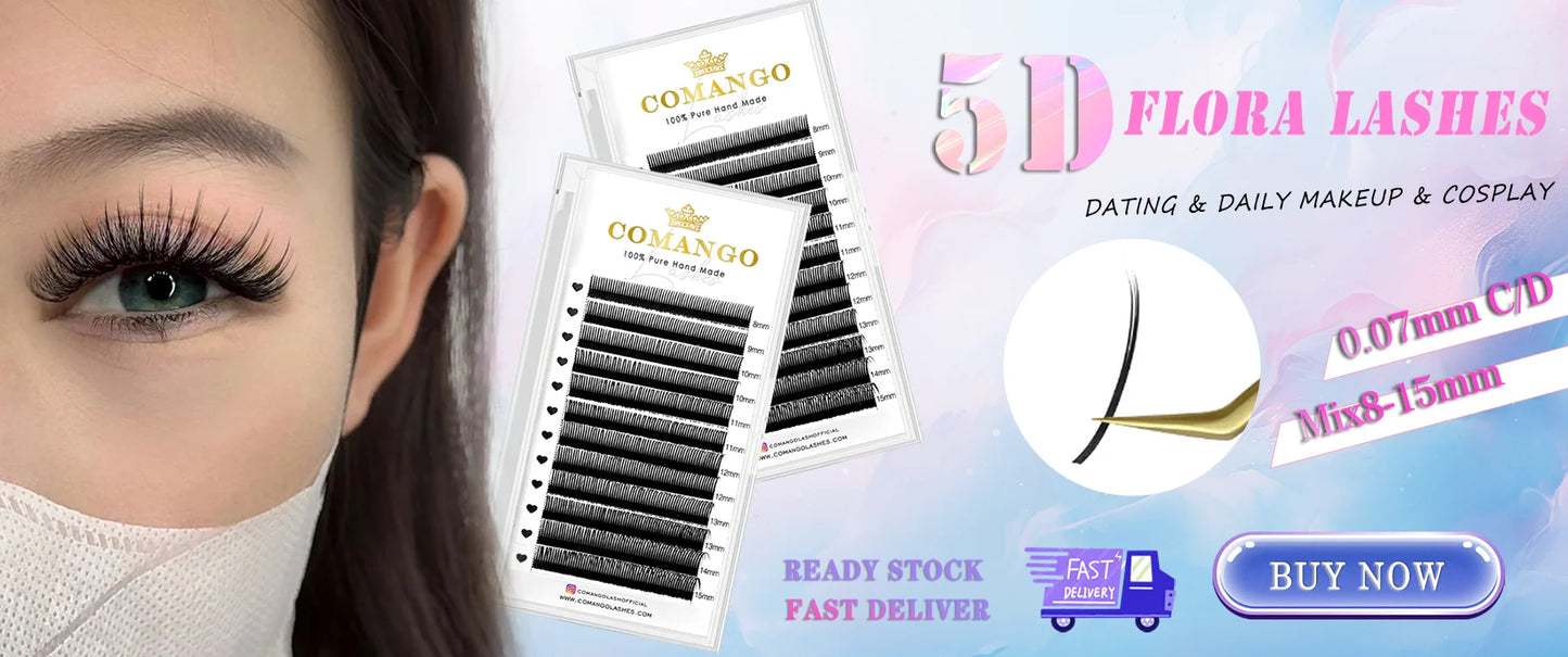 CoMango 7D Wispy Premade Fans Eyelash Extension C/D Curl Pointy Base Premade Hybrid Fan Lashes Faux Mink Wispy Fans Wholesales