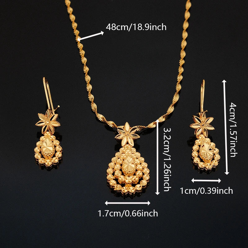 Luxury Gold Teardrop Jewelry Set Star Flower Pendant Necklace Hook Earrings 24K Gold Plated Dubai Style Bridal Wedding Jewelry