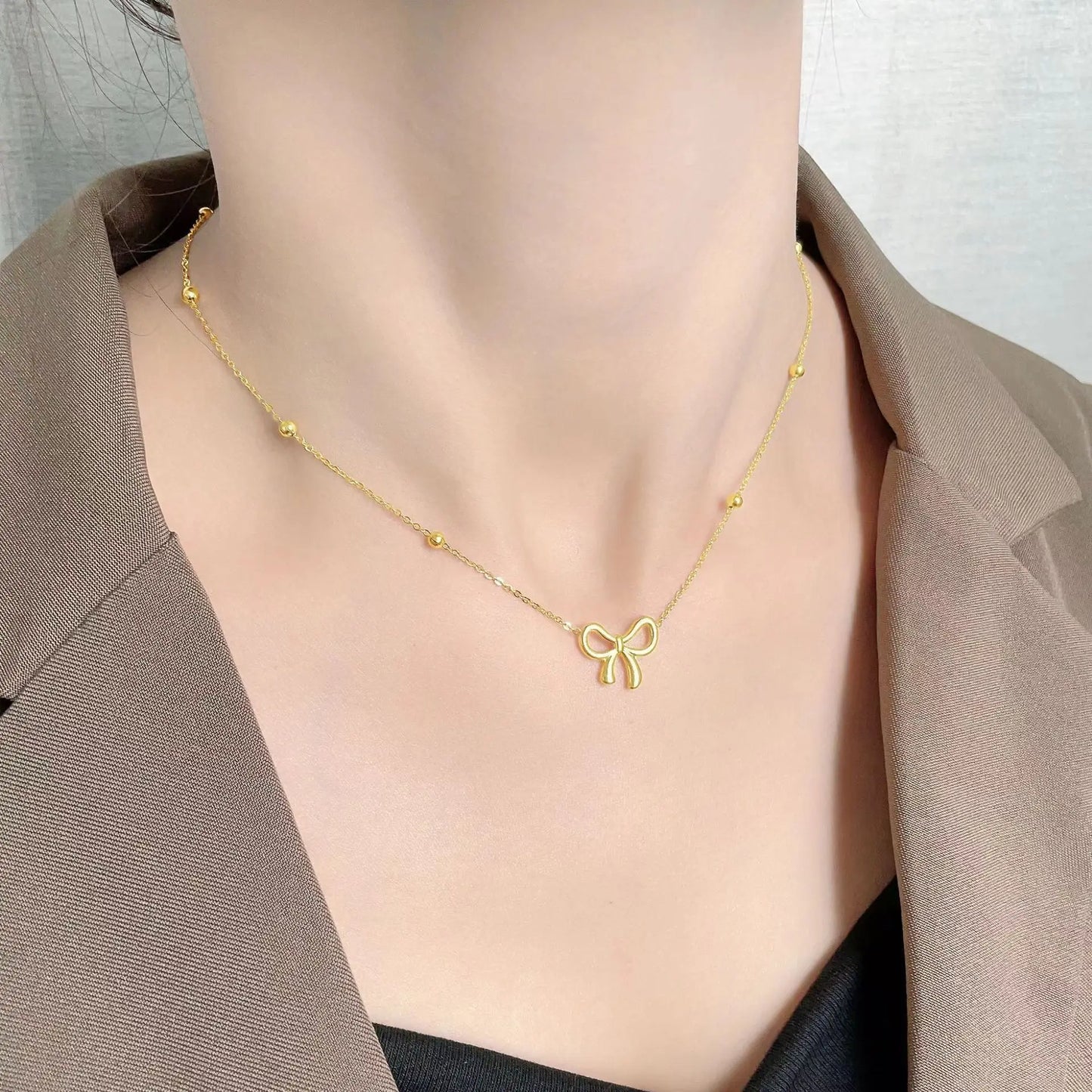 Simple Korean Stainless Steel Bowknot Necklace For Women Girls Delicate Bracelets Charm Choker Earrings Fashion Jewelry Set Gift