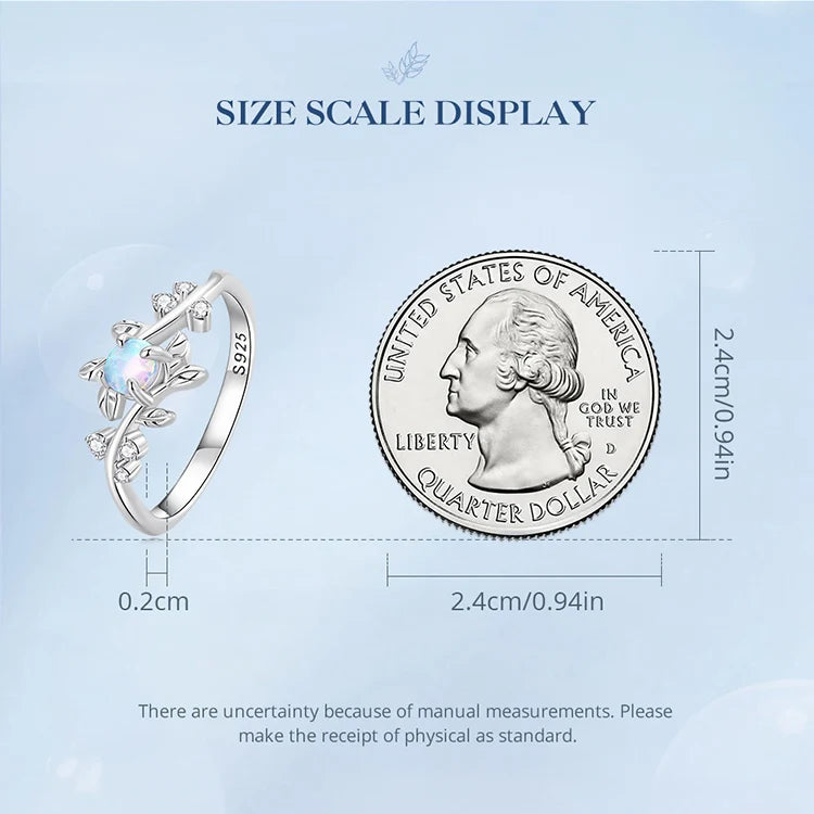 BAMOER 925 Sterling Silver Leaf Ring White Opal Rings Elegant Vine Ring for Women Birthday Gift with Jewelry Box BSR309