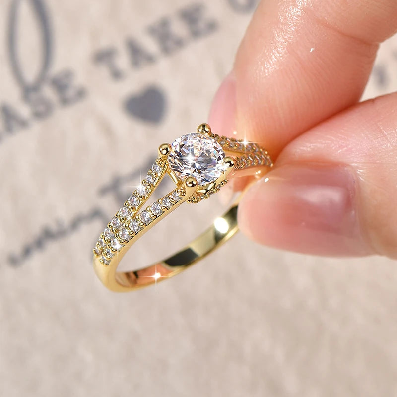Rrjzz 14K Gold Plated 0.7CT Round Cut Cubic Zirconia Promise Eternity Engagement Weddng Ring for Women Bridal Ring Jewelry Gift