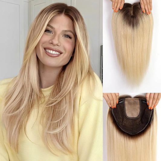16 Inches Remy Human Hair Topper for Women Brown to Blonde Ombre Hair Topper 9x9 Inch Large Base Hair Pieces With Clips Silk Bas