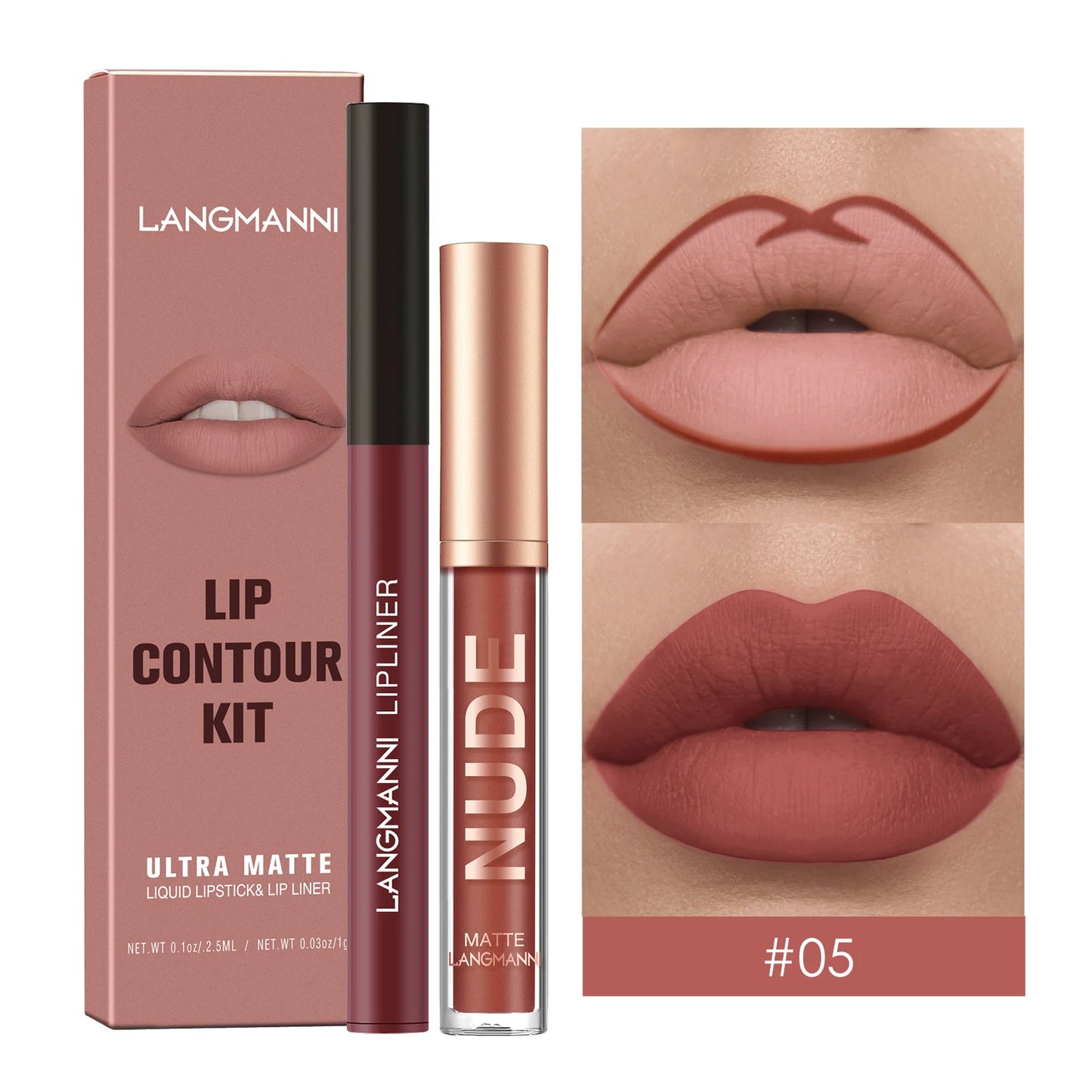 2Pcs Lip Gloss and Lip Liner Set, Matte Finish Non-Stick Cup Long-Lasting Lip Color and Liner Combo, Perfect for Defined Lips