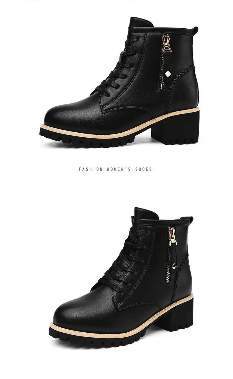 Women Shoes Boots Ankle 2022 New Autumn British Wind Genuine Leather Thick With Fur Ladies Short Boots Motorcycle heels boots