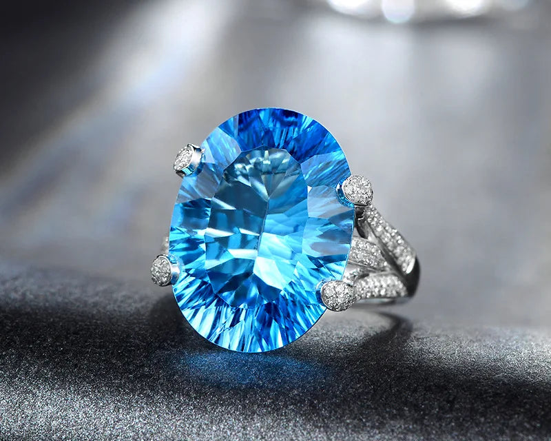 2023 New Fashion 925 Silver Luxury Quality Blue Topaz Band Ring for Women Upscale Anniversary White Gold Plated Finger Jewelry