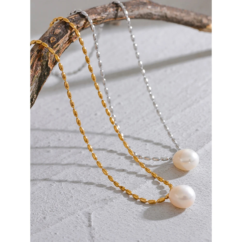 Yhpup Luxury Natural Freshwater Pearl Pendant Stainless Steel Sweet Necklace Women Stylish Exquisite Jewelry Mother Sister Gift