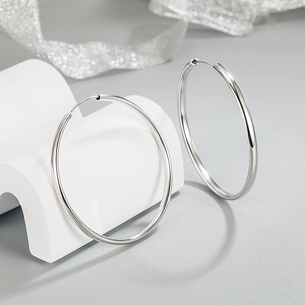 Real 925 Sterling Silver Women's New Jewelry Fashion Round Hoop Earrings FQL23634