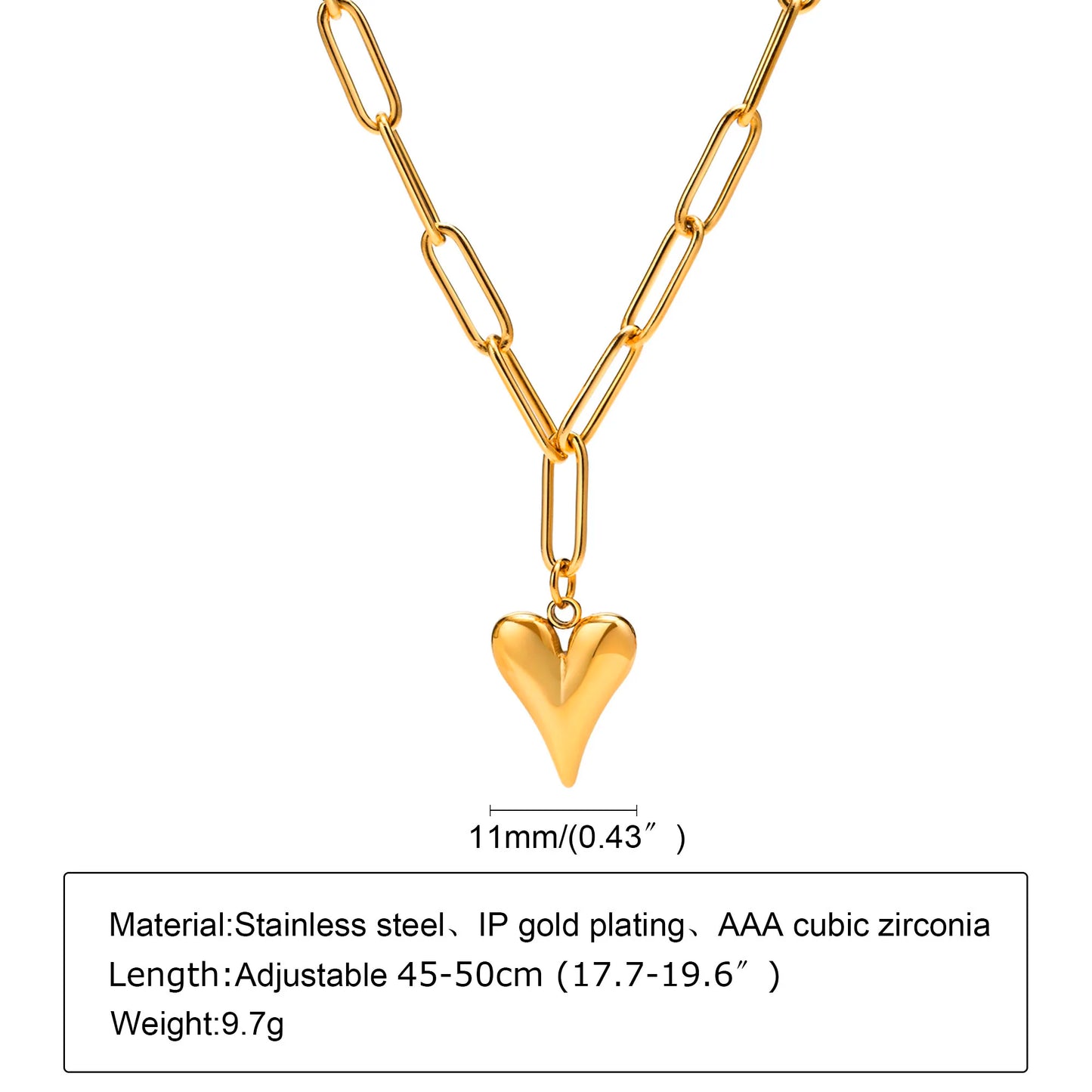 Stainless Steel Love Heart Pendant Necklace , Adjustale Link Paperclip Chain For Women Birthday Girls