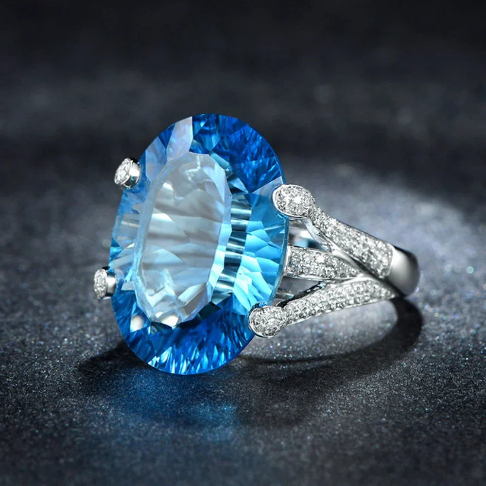 2023 New Fashion 925 Silver Luxury Quality Blue Topaz Band Ring for Women Upscale Anniversary White Gold Plated Finger Jewelry
