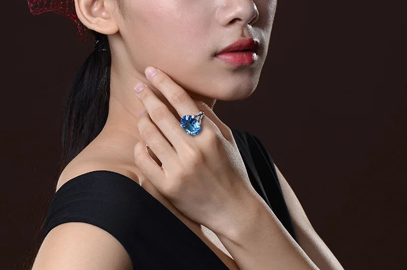 2023 New Fashion 925 Silver Luxury Quality Blue Topaz Band Ring for Women Upscale Anniversary White Gold Plated Finger Jewelry