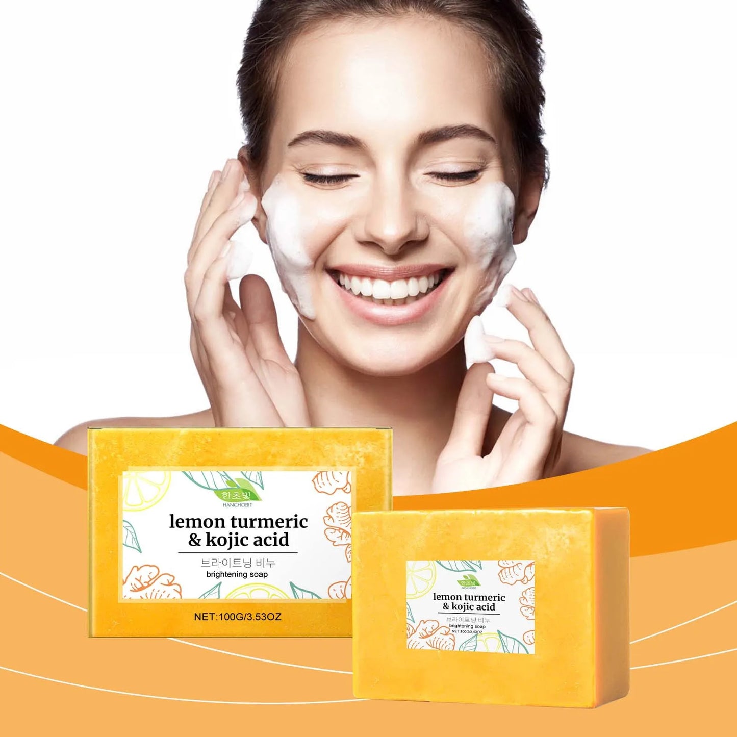 Hanchobit Lemon Turmeric Kojic Acid Soap Clean Skin Lightening Pore Shrinking Natural Organic Turmeric Kojic Brightening Soap