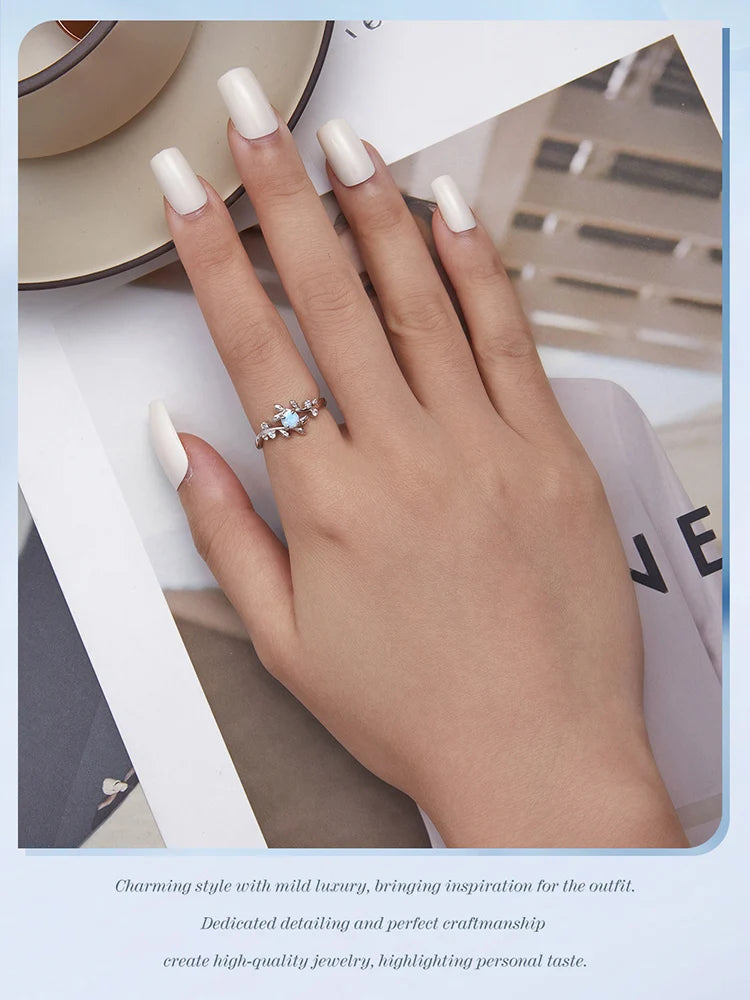 BAMOER 925 Sterling Silver Leaf Ring White Opal Rings Elegant Vine Ring for Women Birthday Gift with Jewelry Box BSR309