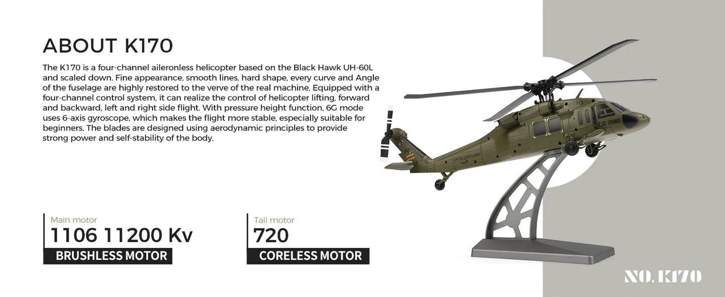 WLtoys K170 RC Helicopter with Gyro UH-60L 4CH Remote Control Brushless Helicopters with LED Light Airplane Toys for Kids