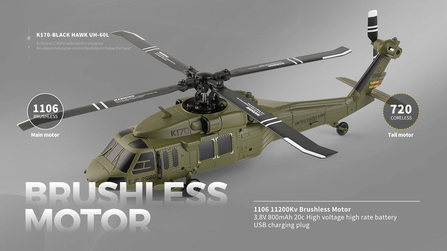 WLtoys K170 RC Helicopter with Gyro UH-60L 4CH Remote Control Brushless Helicopters with LED Light Airplane Toys for Kids