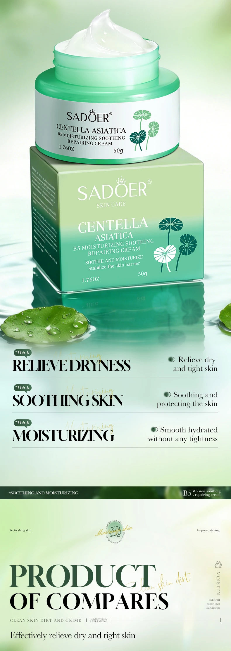 SADOER Centella Asiatica B5 Face Cream Moisturizing Soothing Repairing Cream for Skin Barrier Calm Irritated Non-Tight Skin Care