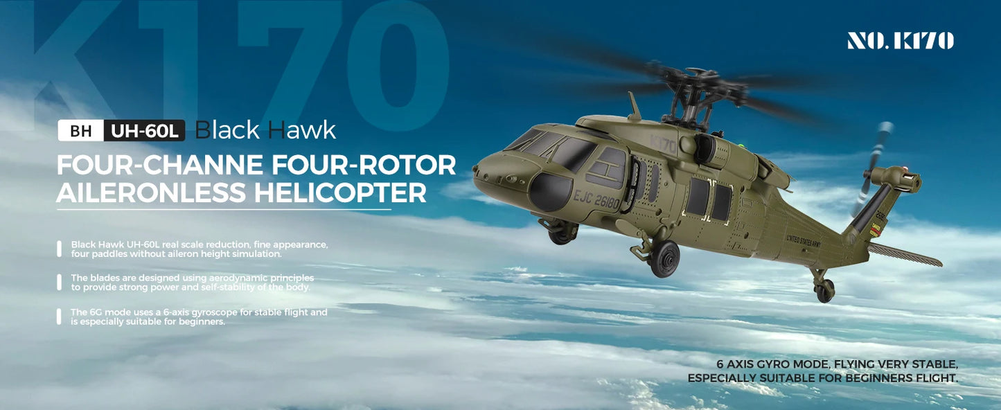 WLtoys K170 RC Helicopter with Gyro UH-60L 4CH Remote Control Brushless Helicopters with LED Light Airplane Toys for Kids