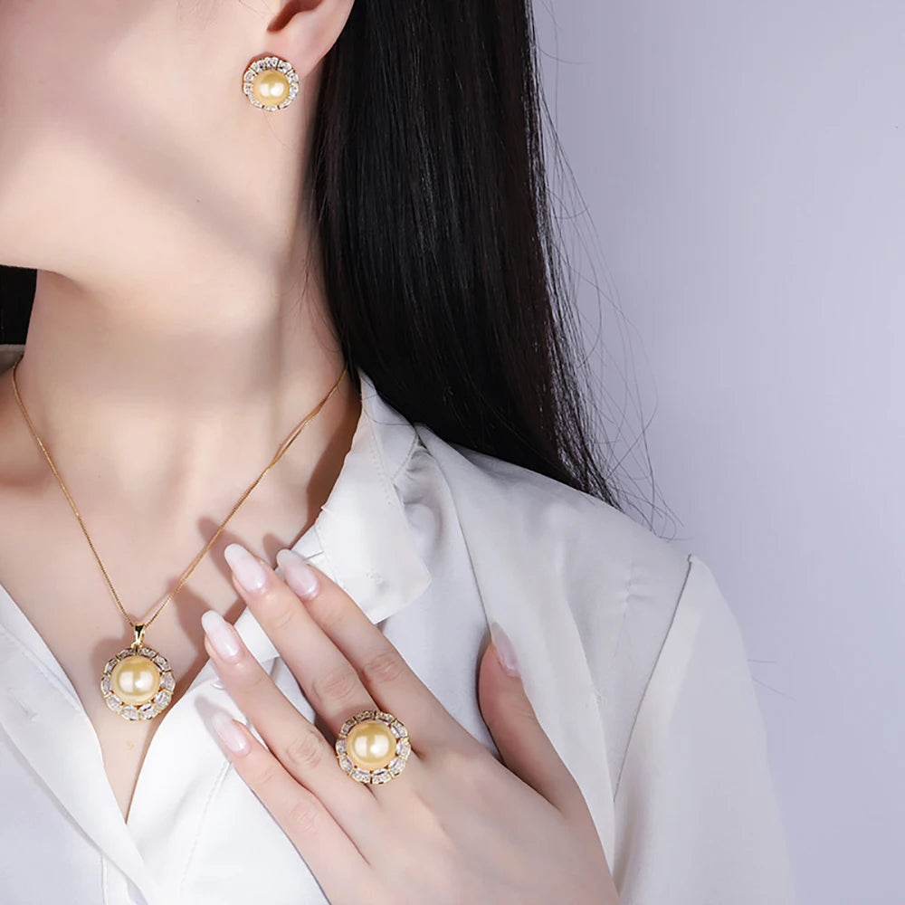 Luxury 12-16mm Pale Gold Color Pearl Lab Diamond Pendant Necklace Ring Earrings Women Party Jewelry Sets Elegant Birthday Gift