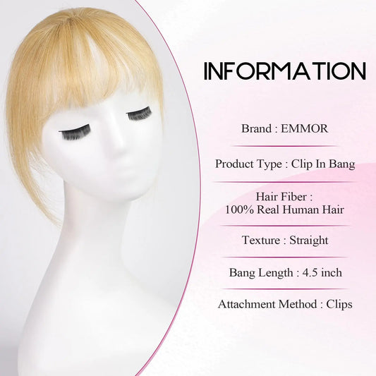100% Human Hair Blonde Bangs Clips in Air Fringe Bangs Hairpiece for Women Platinum Human Hair Bangs Hair Extension 4.5inch