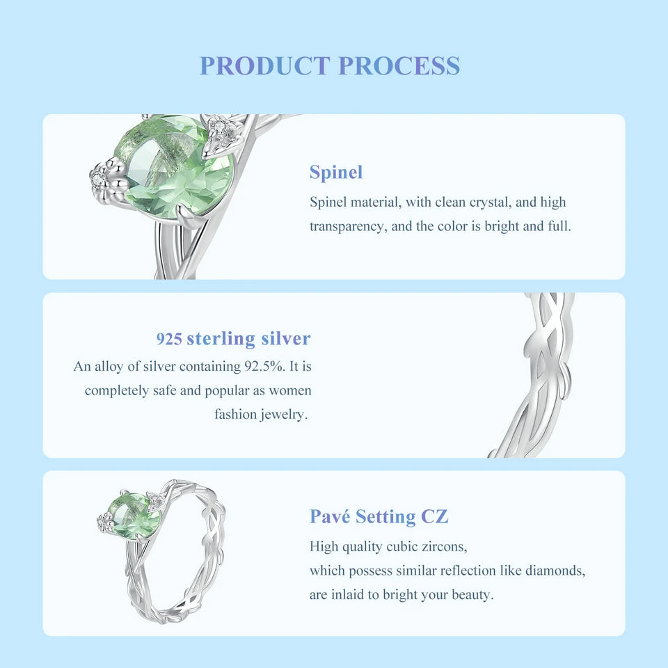 Bamoer Vine Ring for Women Solid 925 Sterling Silver Green Round Gemstone Ring for Wedding Engagement Jewelry BSR466
