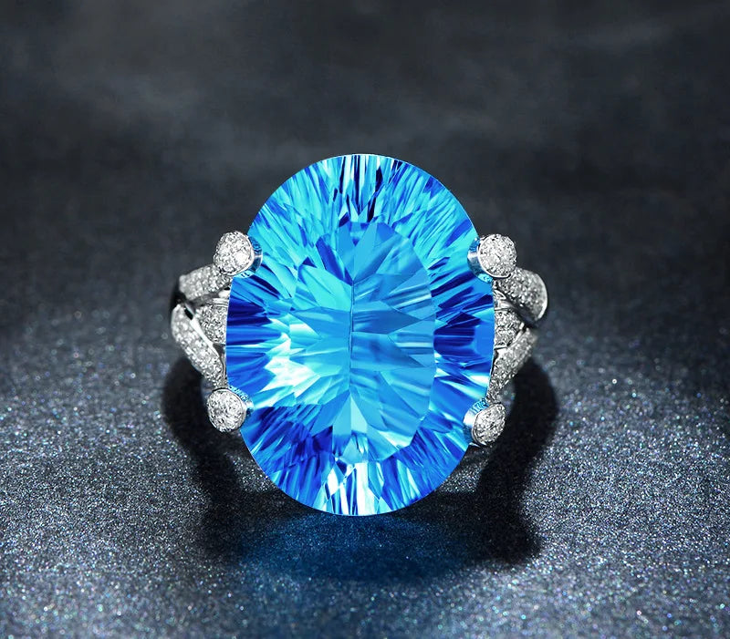 2023 New Fashion 925 Silver Luxury Quality Blue Topaz Band Ring for Women Upscale Anniversary White Gold Plated Finger Jewelry