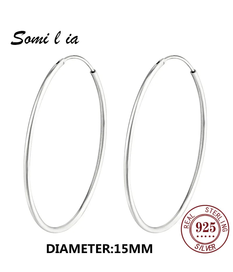 SOMILIA 925 Sterling Silver Platinum Big Hoop Earrings for Women Real Money Jewelry Female Fashion Womens Fine Earrings 10-90mm